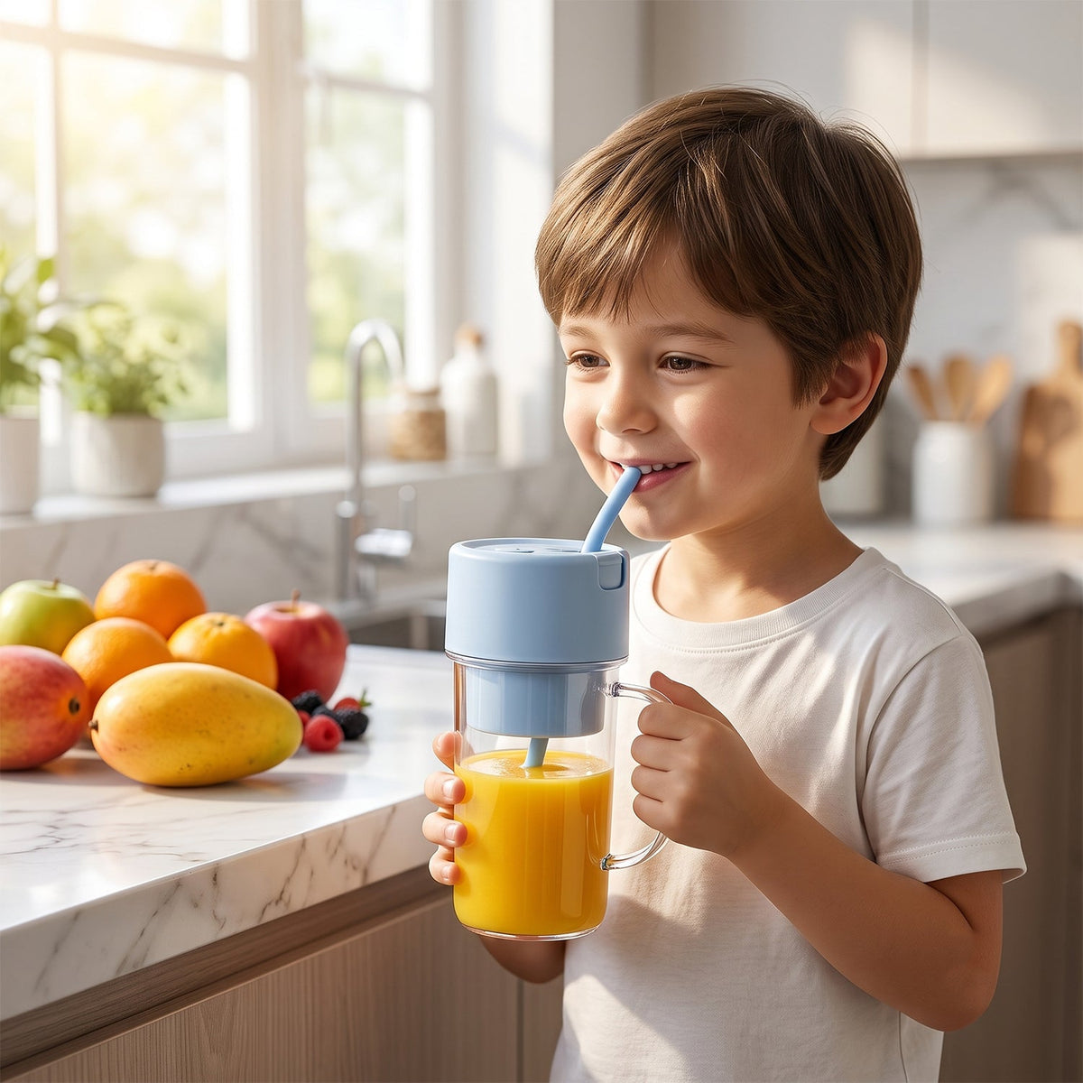 A happy boy drinks orange juice from a clear portable blender with a blue lid and straw in a sunny kitchen.
