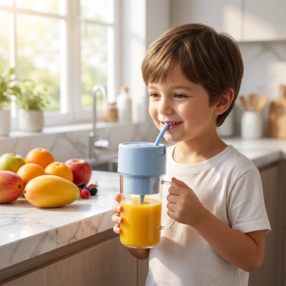 A happy boy drinks orange juice from a clear portable blender with a blue lid and straw in a sunny kitchen.