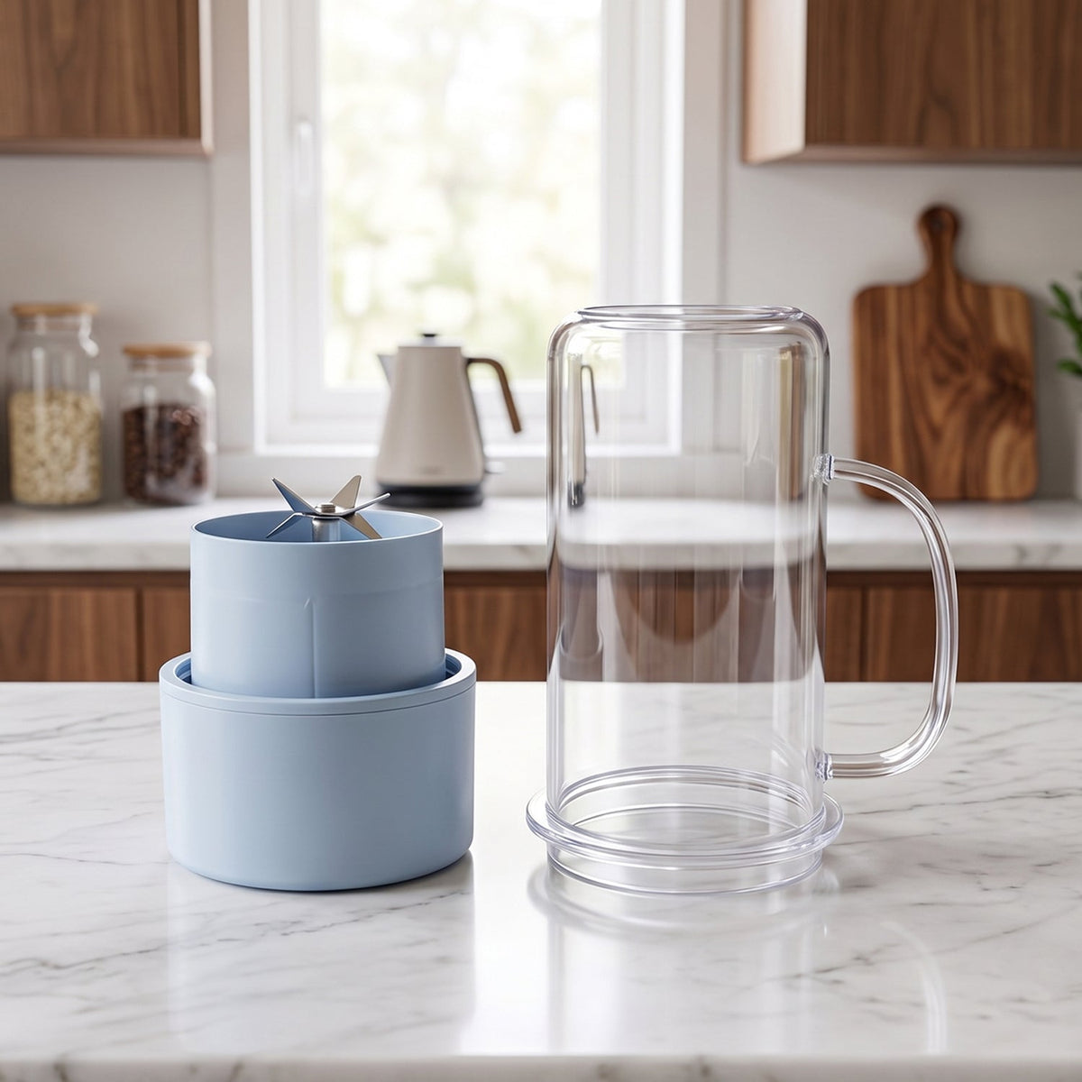 A light blue blender base with a silver blade and a clear plastic mug sit on a white marble counter.