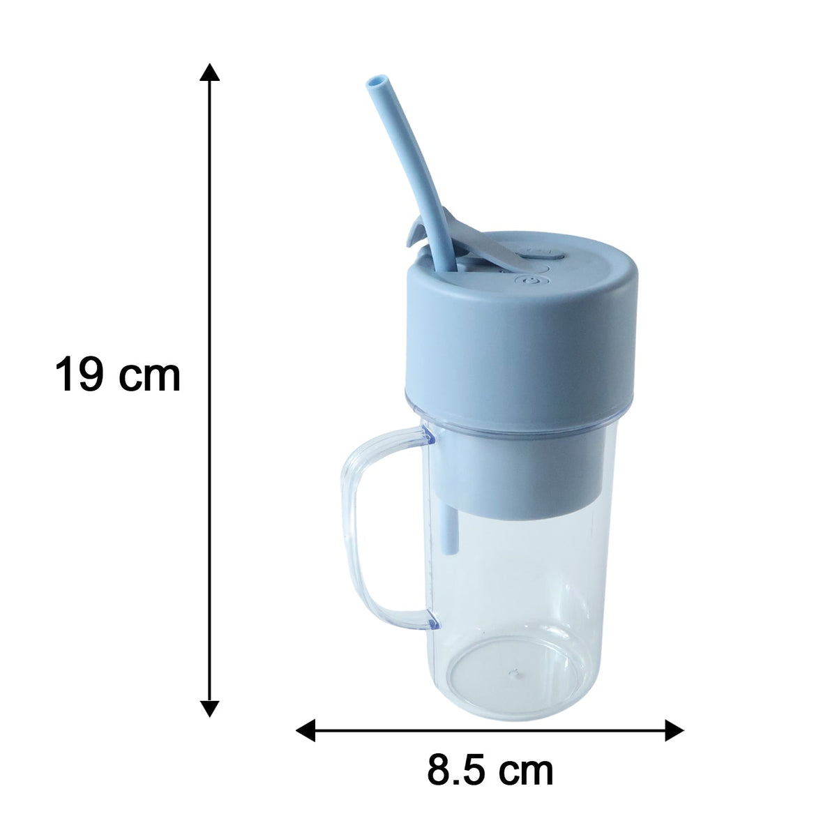 A clear portable blender with a light blue lid and straw is shown with its height and width dimensions.