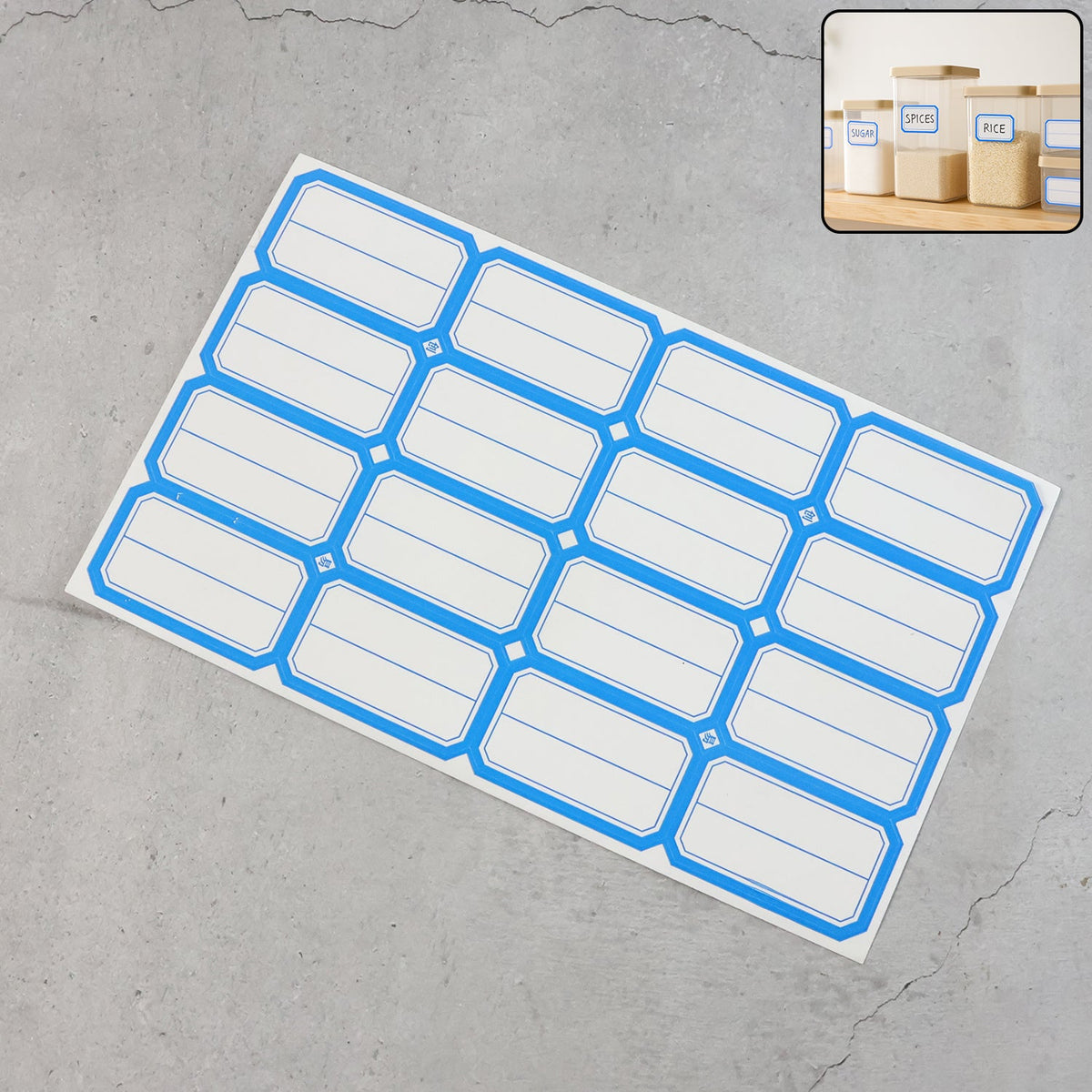 A sheet of blue-bordered rectangular label stickers with blank white centers is shown, with an inset image of labeled