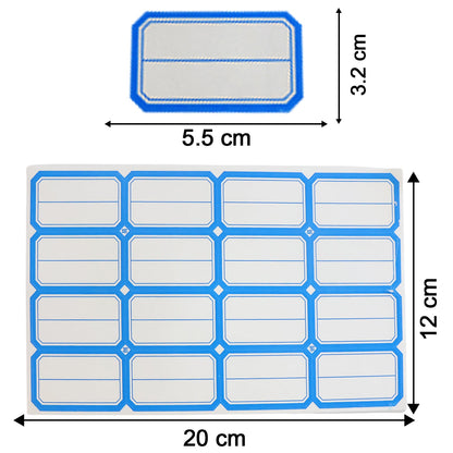A sheet of blue-bordered label stickers with measurements: 20cm x 12cm for the sheet, and 5.5cm x 3.2cm for individual