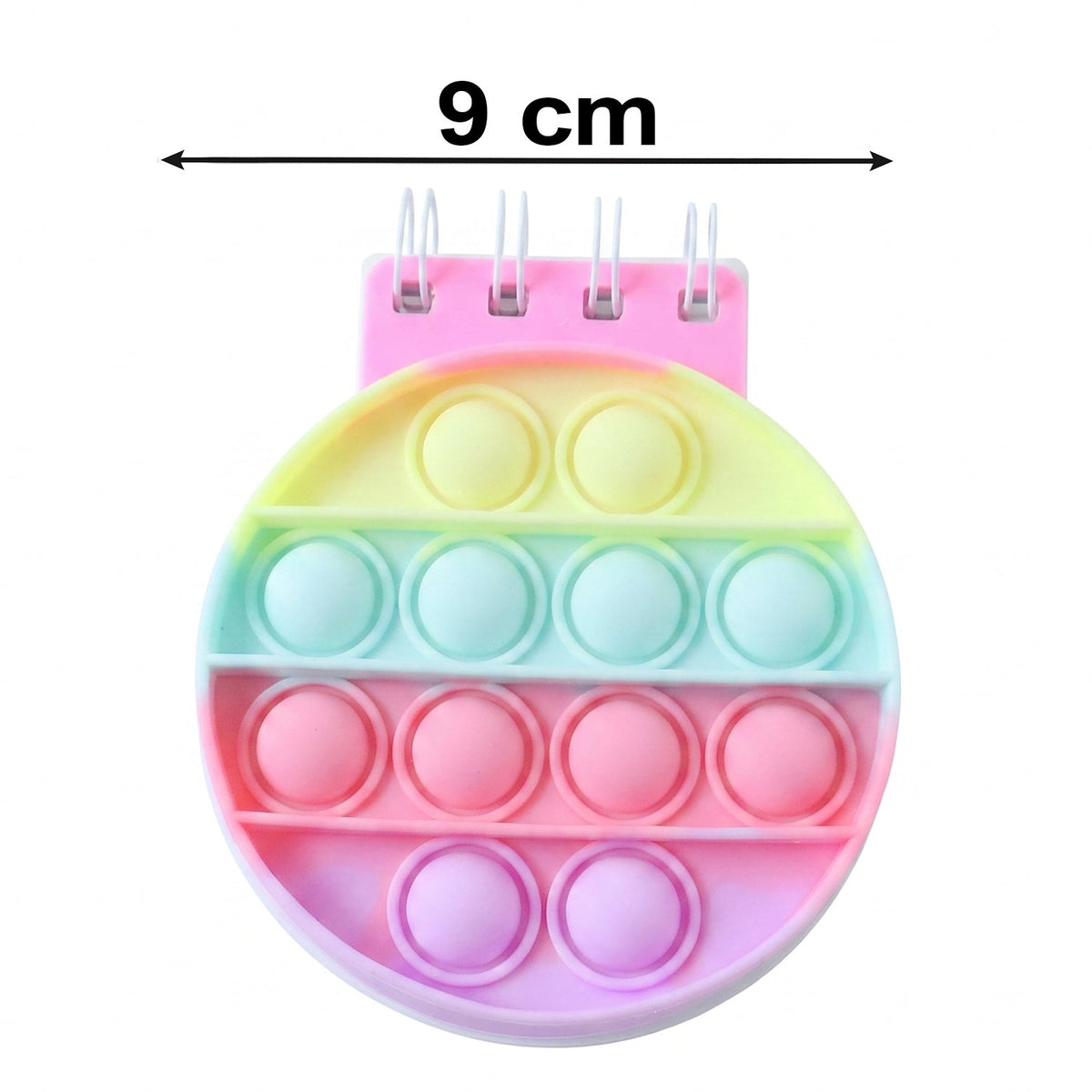 A rainbow pop-it fidget notebook with a pink spiral binding and pastel colored bubbles, with a 9 cm measurement.