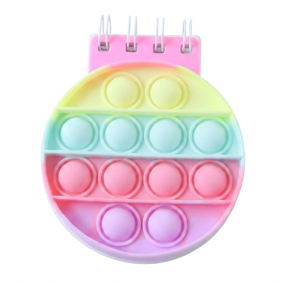 A rainbow pop-it fidget notebook with a pink spiral binding and pastel colored bubbles on a white background.