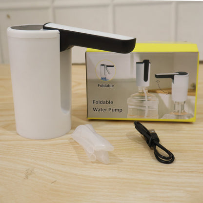 The white and black electric water dispenser pump, a clear silicone tube, and a black USB charging cable are displayed next