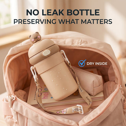 A tan sipper bottle with a bear on top, placed inside a backpack, with text 'NO LEAK BOTTLE PRESERVING WHAT MATTERS'.