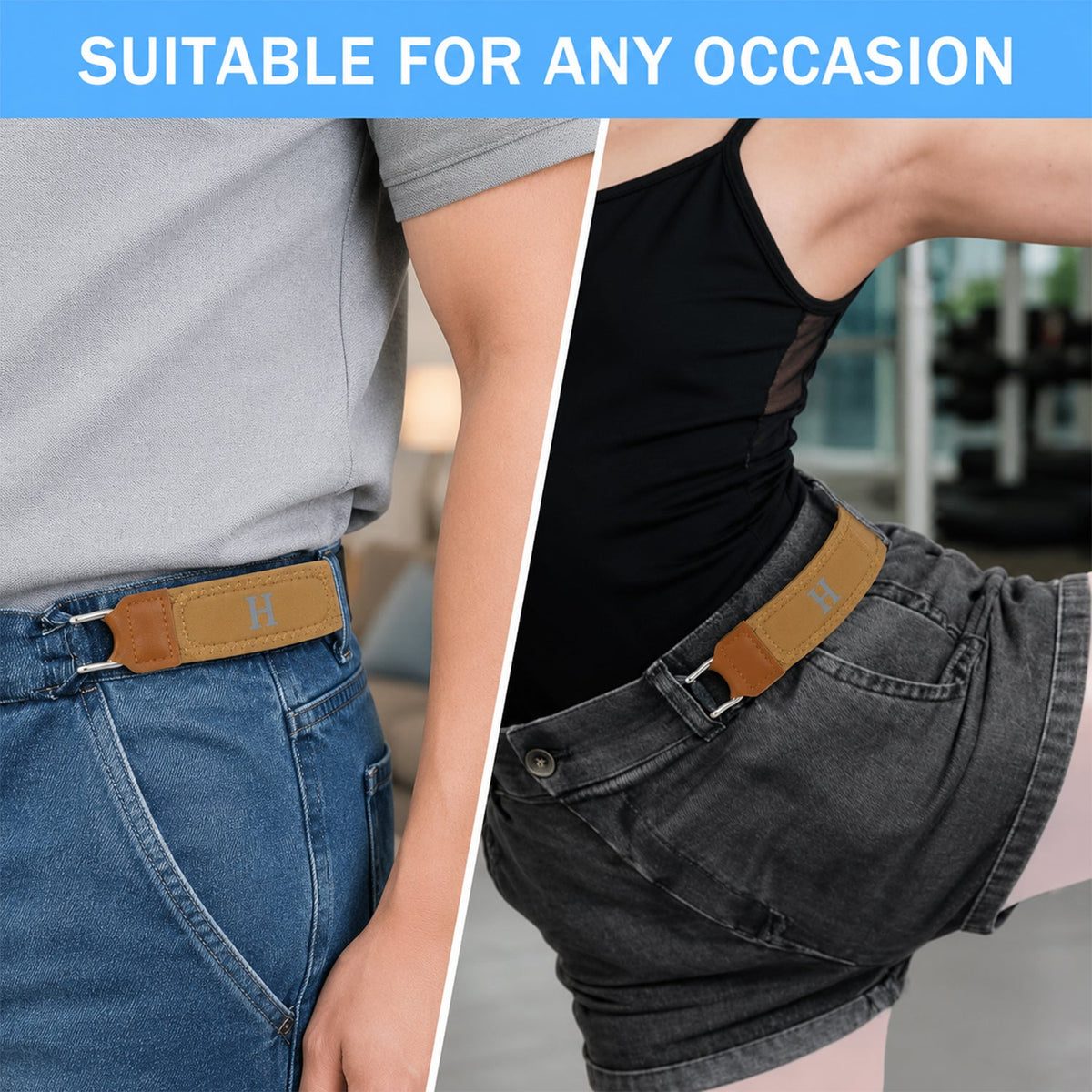 A split image shows a man wearing the tan belt with jeans and a woman wearing it with black shorts, both with the 'H'