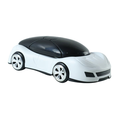 A white and black car-shaped phone holder with chrome wheels is shown from a slight angle on a white background.