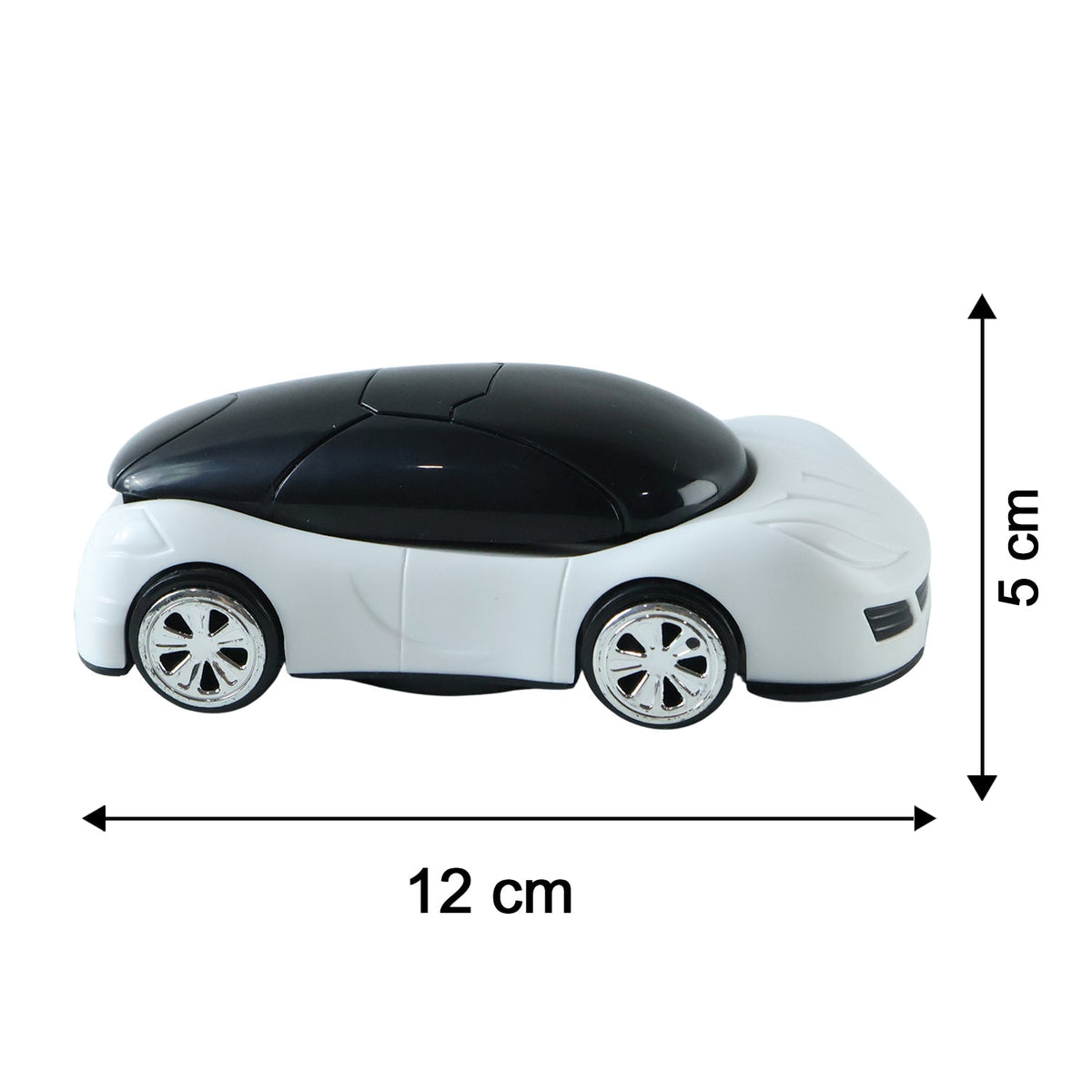 A white and black car-shaped phone holder with chrome wheels is shown with dimensions of 12 cm and 5 cm.