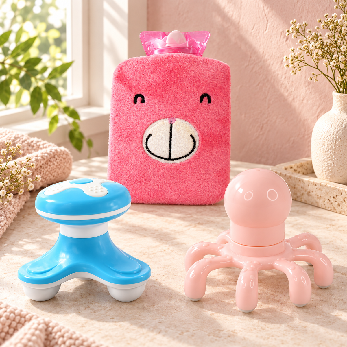 A pink bear-shaped hot water bag, a blue body massager, and a pink octopus head massager on a countertop.