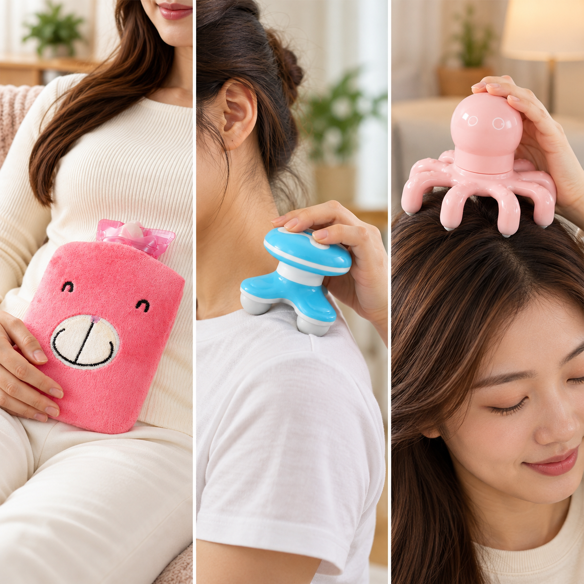 A triptych shows a person using a hot water bag, a body massager on a shoulder, and an octopus massager on a head.