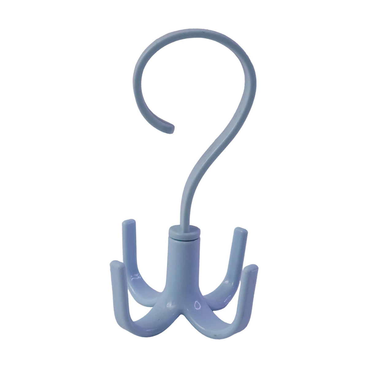 A light blue plastic rotating multi-hook hanger is shown against a plain white background.