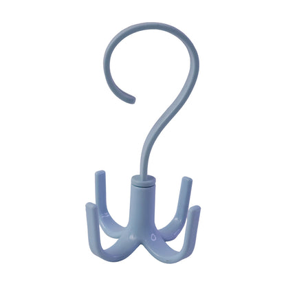 A light blue plastic rotating multi-hook hanger is shown against a plain white background.