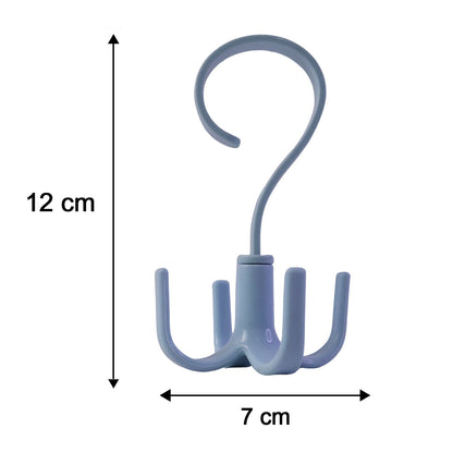 A light blue plastic rotating multi-hook hanger on a white background, with dimensions 12 cm height and 7 cm width.