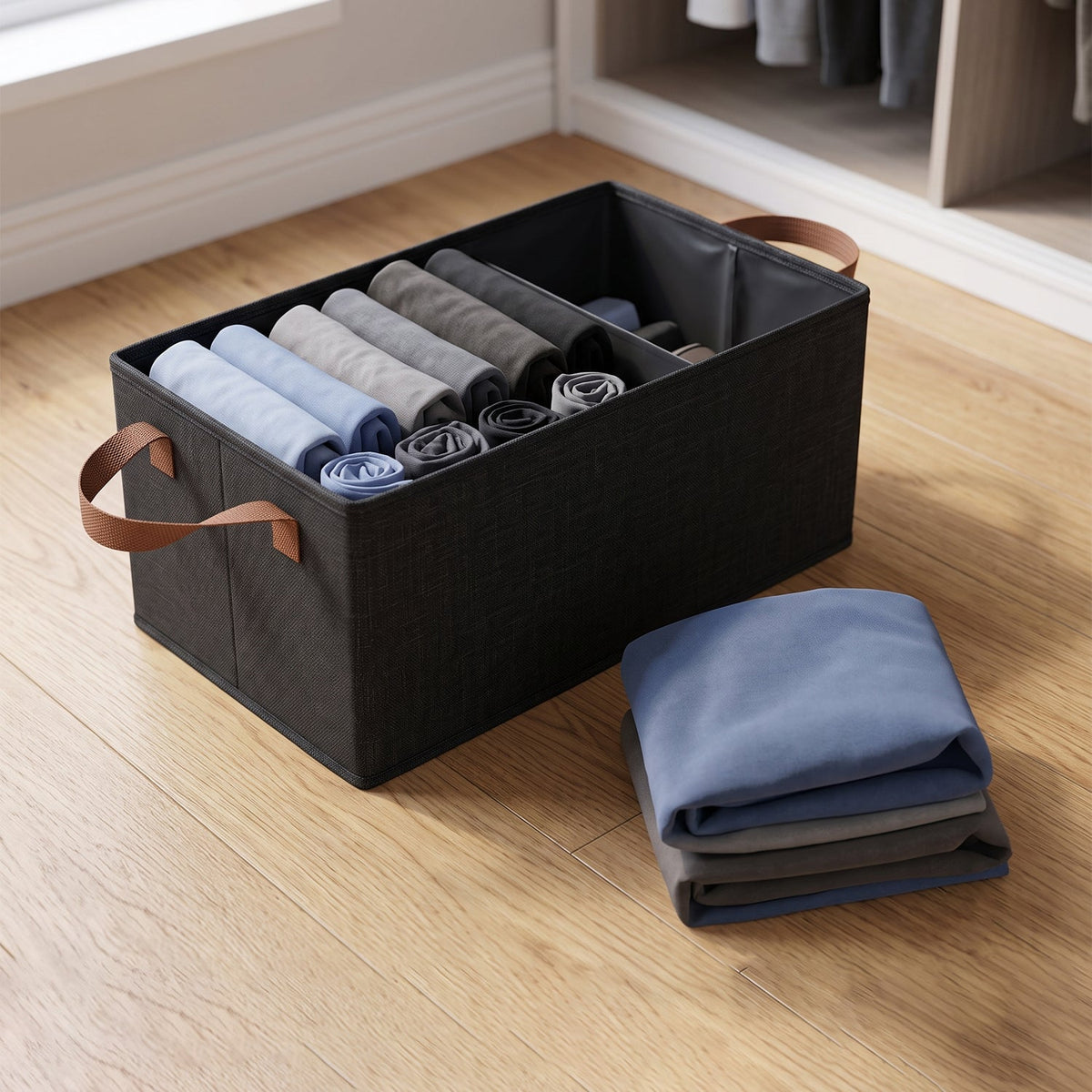 A black foldable fabric storage basket with two compartments filled with rolled clothes, next to a stack of folded clothes.