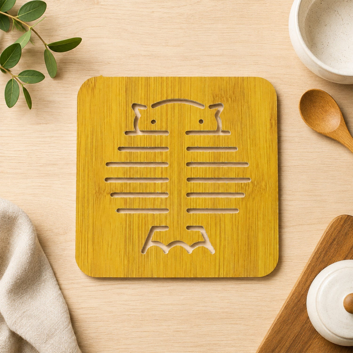 Square Wooden Trivet Mat with Cut Out Design for Hot Pots