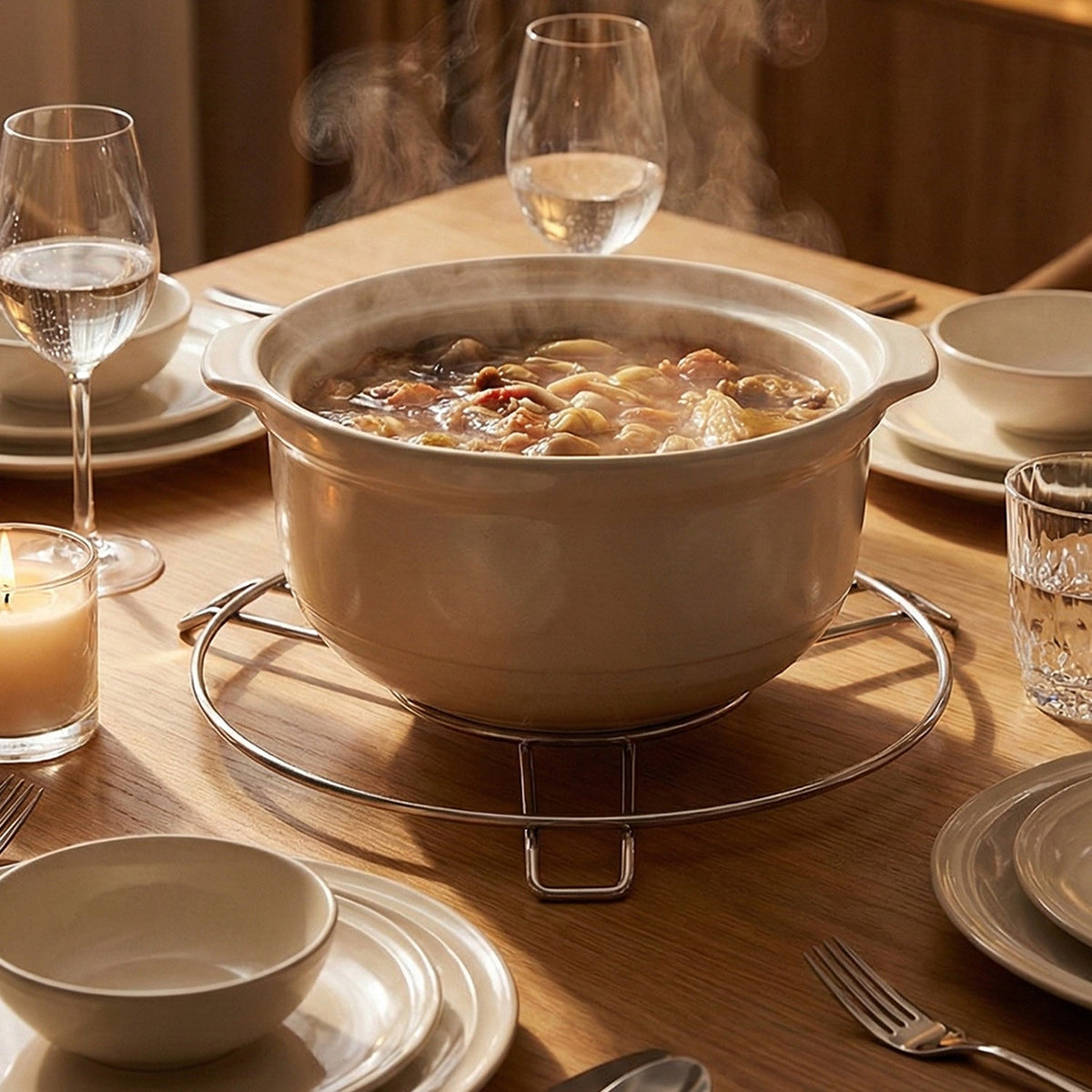 A steaming beige hot pot sits on a stainless steel stand on a wooden dining table set with glasses and plates.