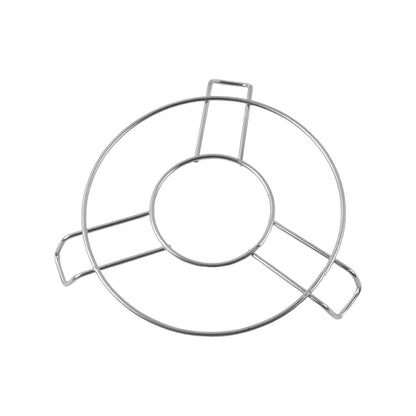 A top-down view of a shiny silver wire hot pot stand on a pure white background.