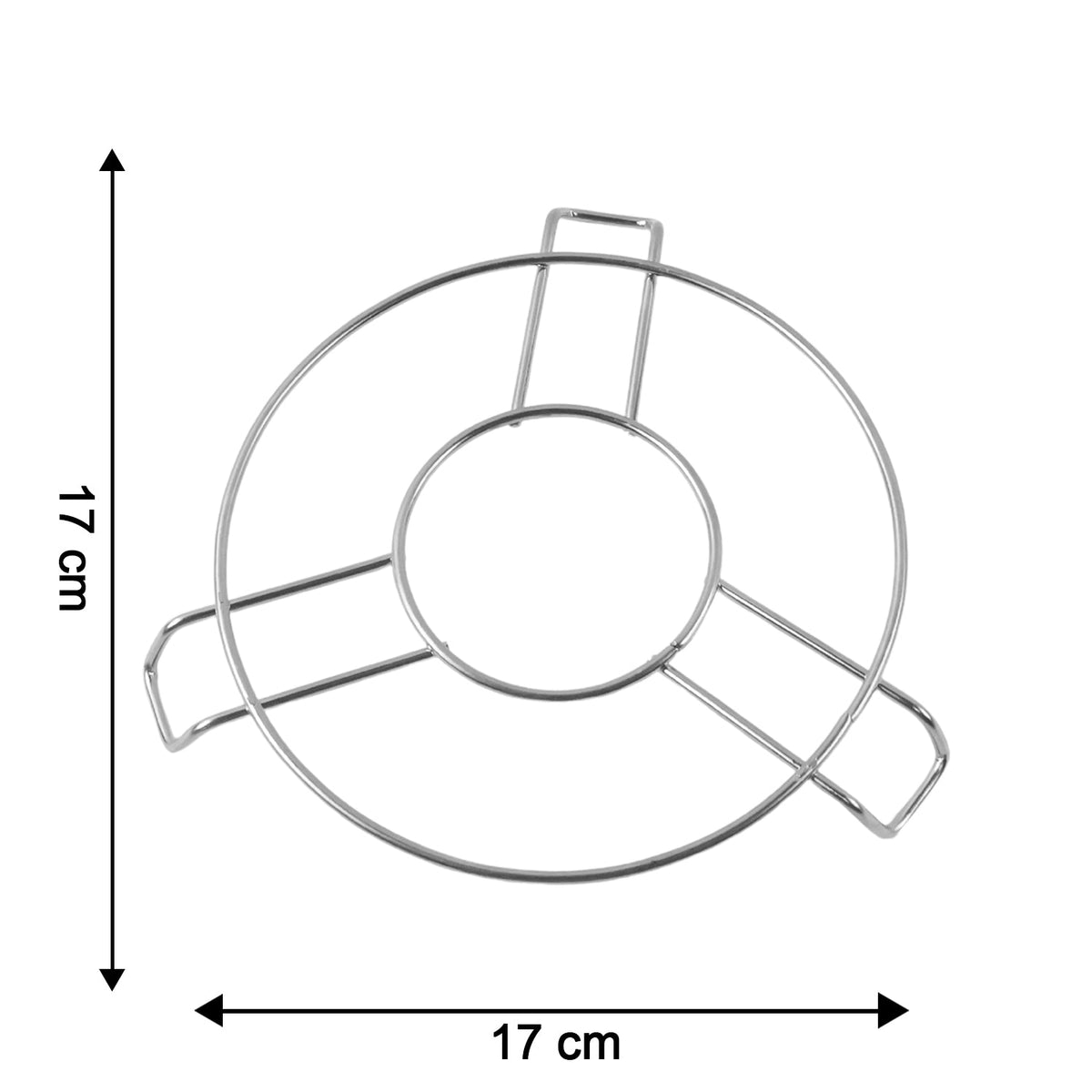 A silver wire hot pot stand on a white background with arrows indicating its 17 cm by 17 cm dimensions.
