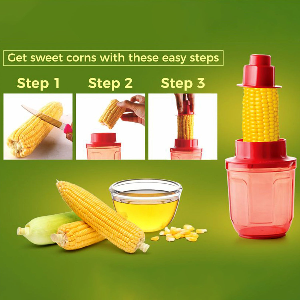 An infographic demonstrates three steps for using the red corn cutter, with whole cobs, oil, and kernels visible on a green