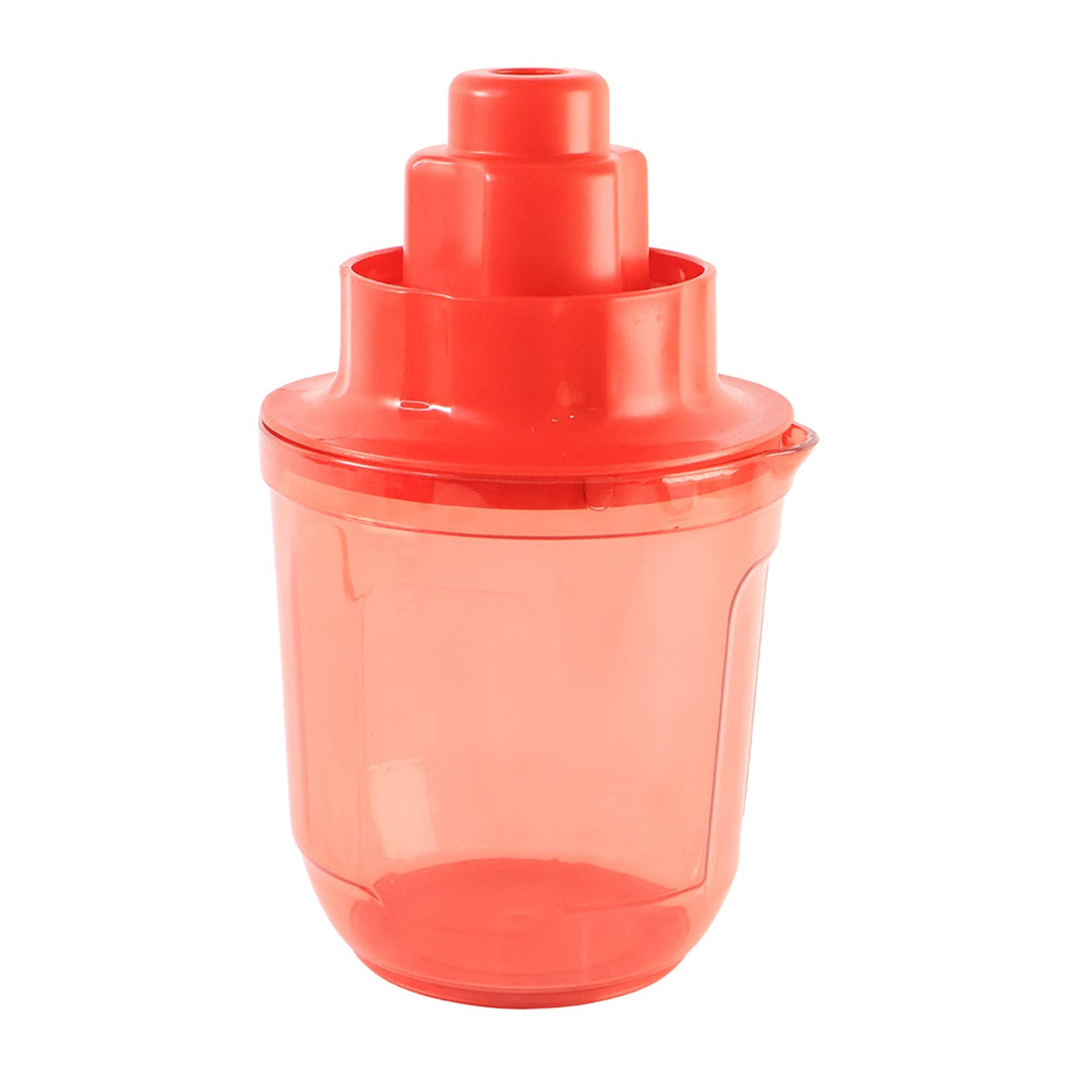 A red plastic corn kernel remover, fully assembled, stands upright against a plain white background.
