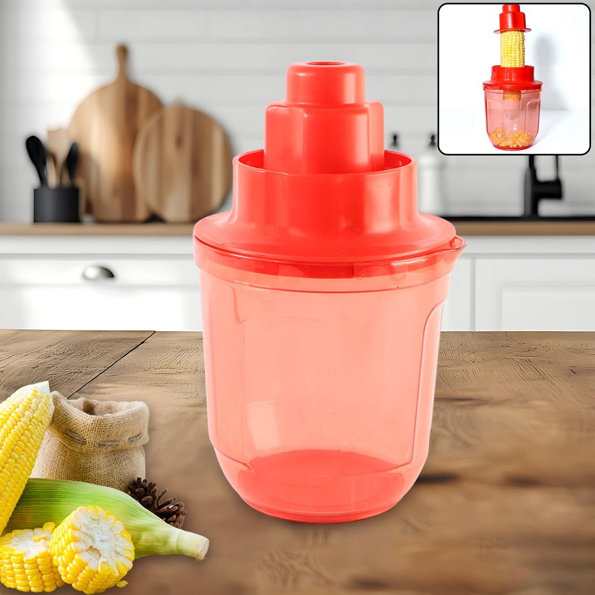 The red plastic corn cutter sits on a wooden surface in a kitchen setting, with a small inset showing it in operation. Cobs