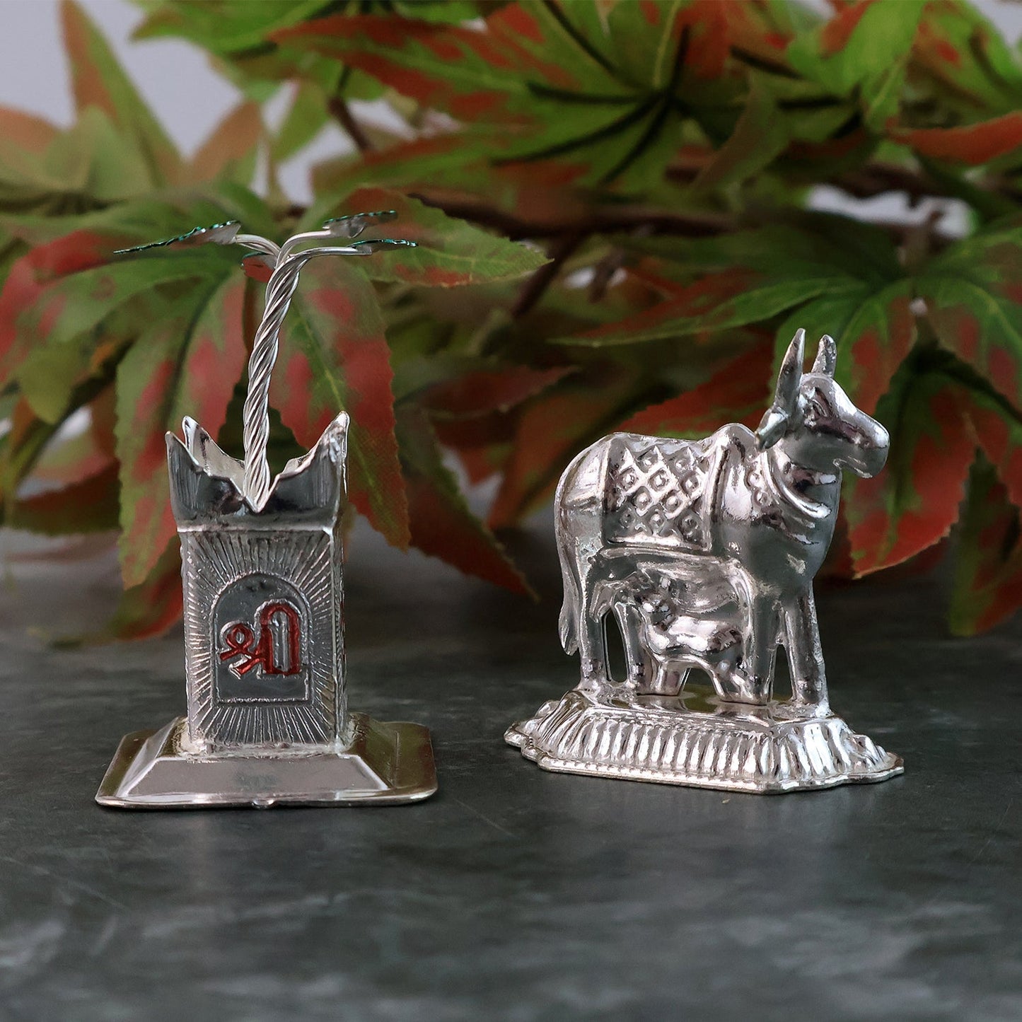 Silver-Plated Kamdhenu Cow & Tulsi Plant Pair – Pooja & Home Décor