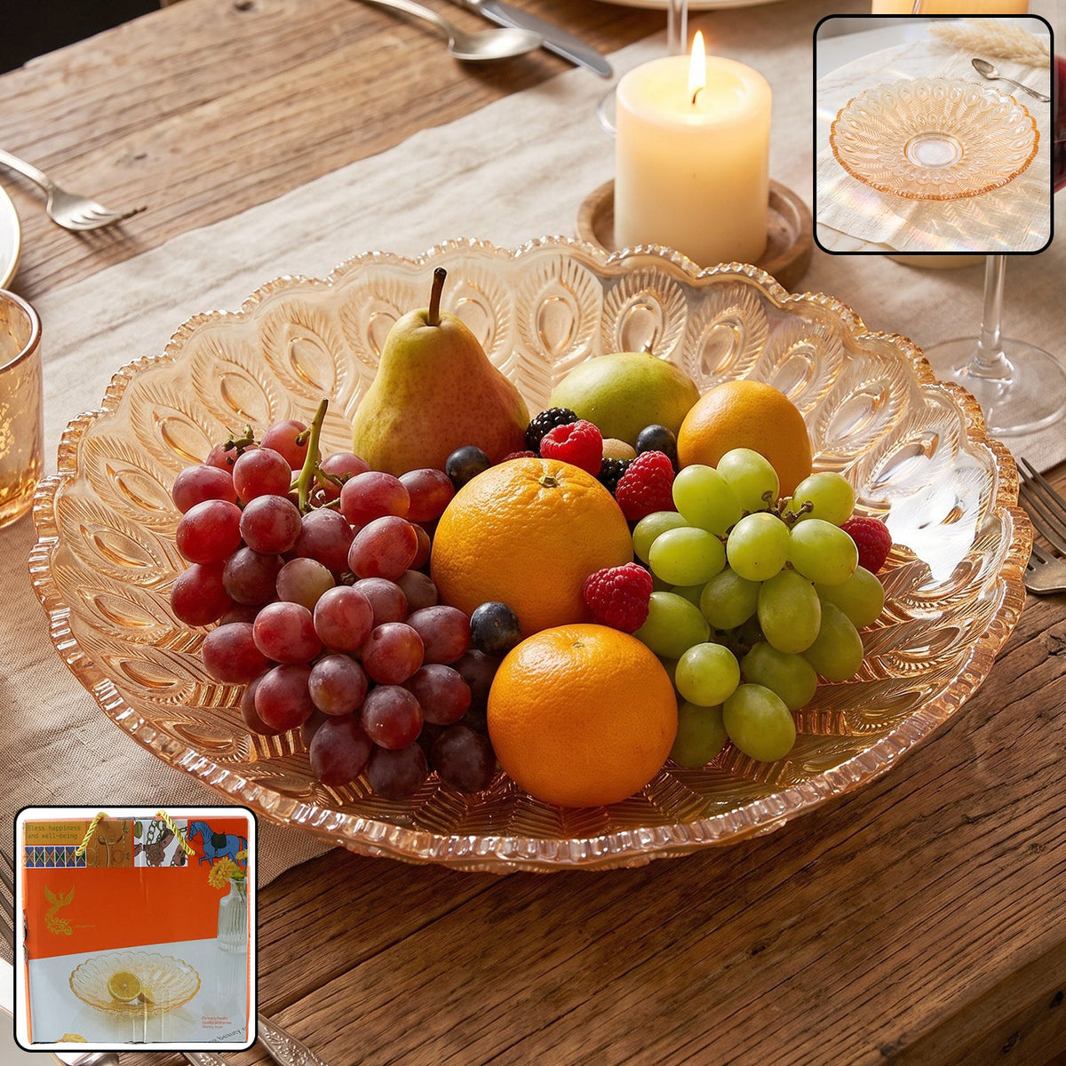 Amber glass platter with a peacock feather pattern, filled with various fresh fruits on a dining table. Small inset shows