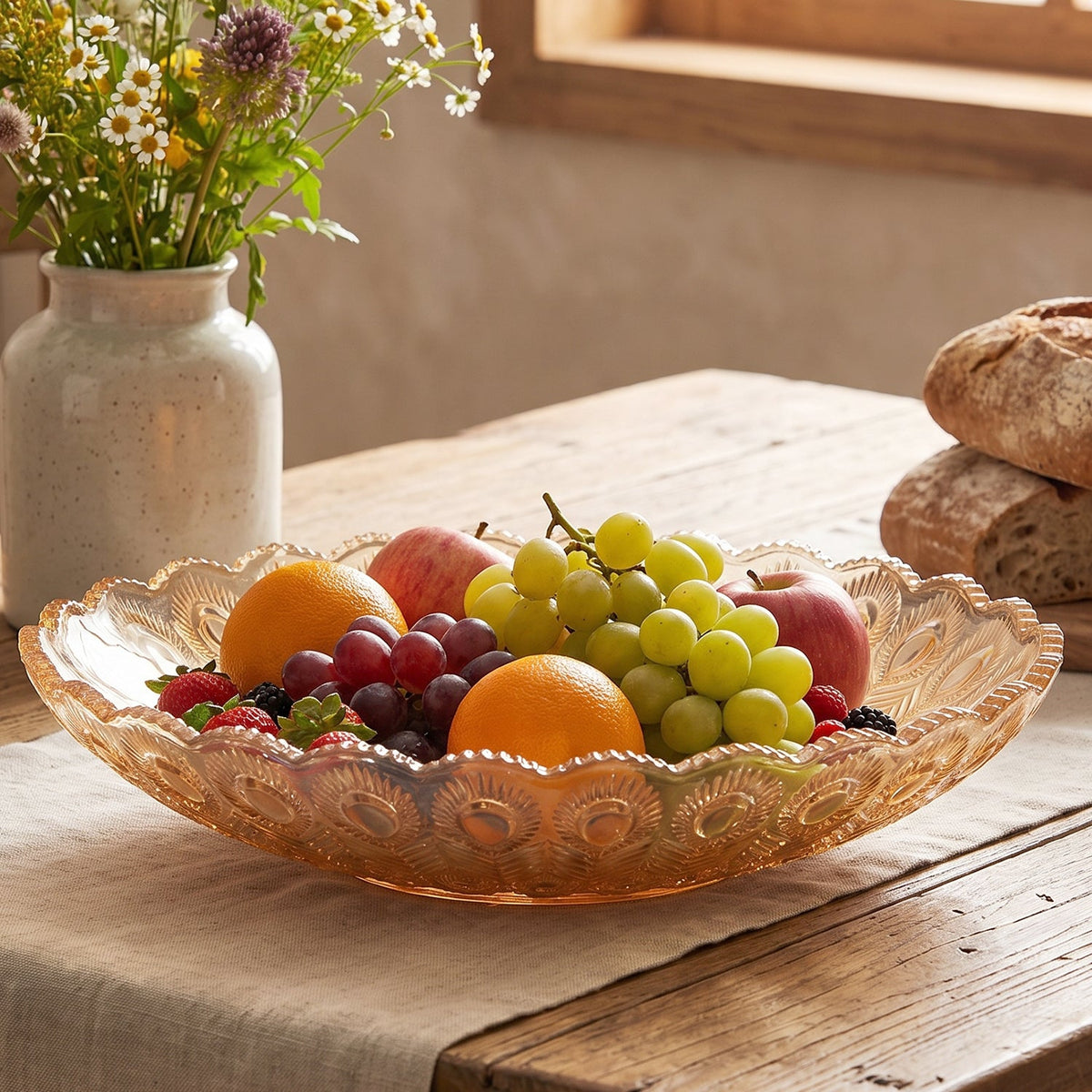 Amber glass platter filled with colorful fruits on a rustic wooden table, next to a vase of wildflowers and bread.