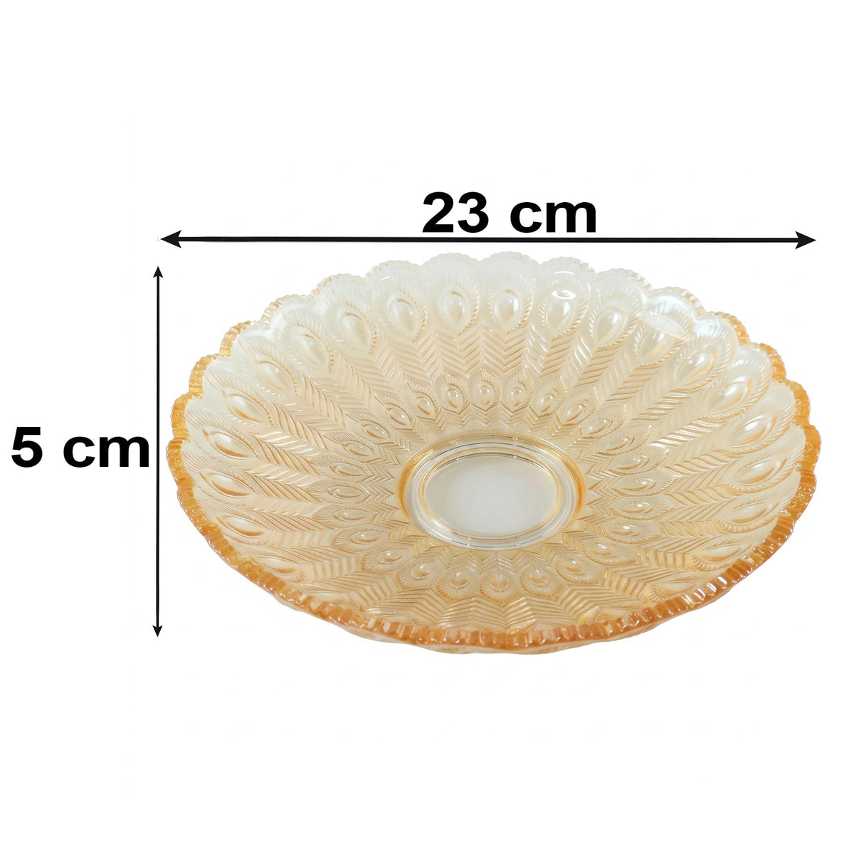 Empty amber glass platter with a feather pattern, showing dimensions of 23 cm width and 5 cm height on a white background.
