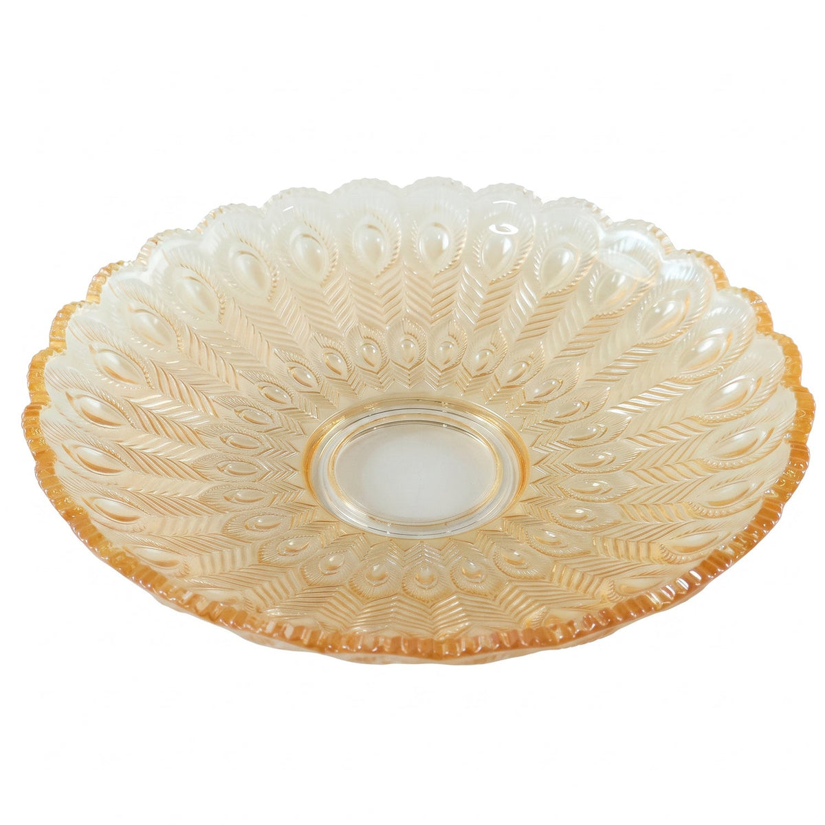 Empty amber glass platter featuring a detailed peacock feather design, isolated against a white background.
