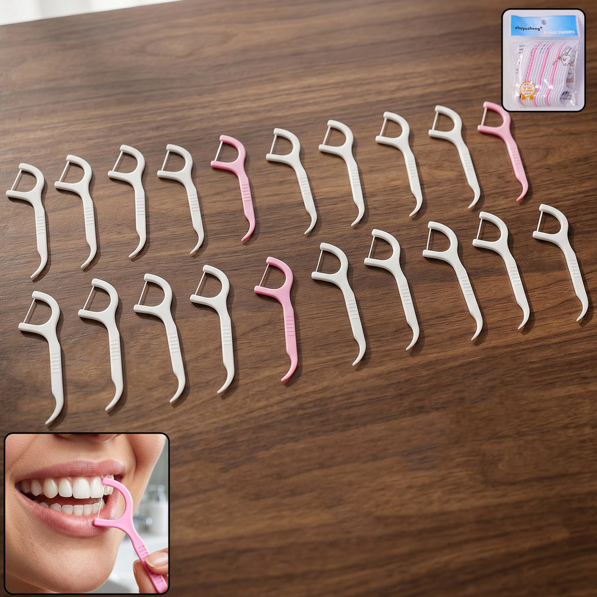 Twenty pink and white dental floss picks arranged on a wooden surface, with a packaged set in the top right and a person