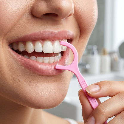 A close-up of a person's mouth using a pink dental floss pick to clean between their teeth.