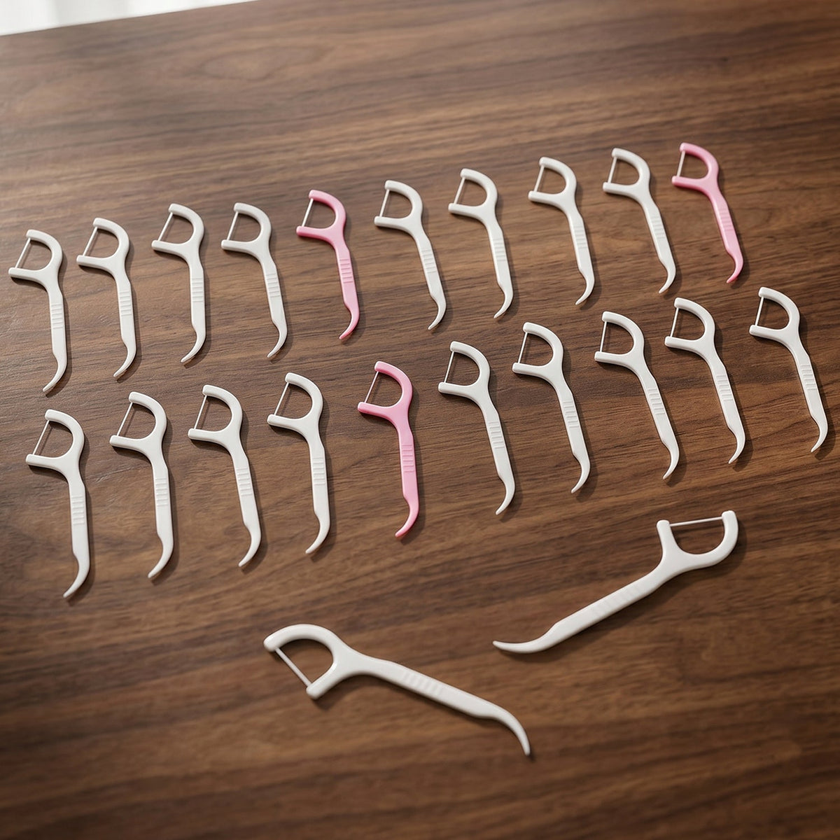 Twenty pink and white dental floss picks scattered on a wooden surface, with two white picks lying separately in the bottom