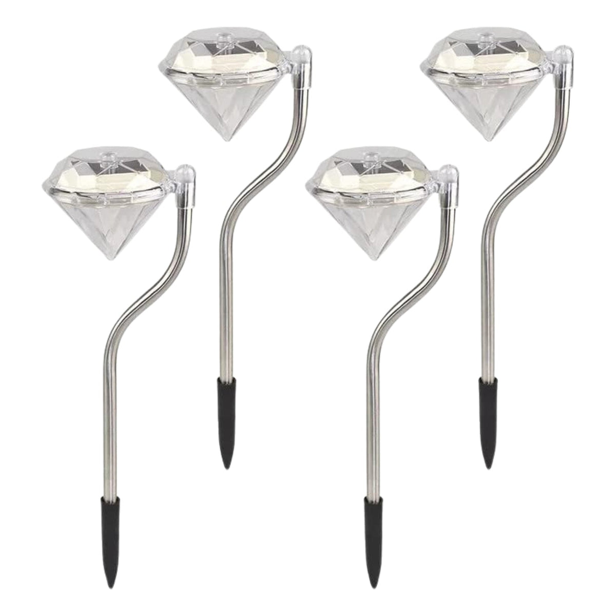 Four diamond-shaped solar lights with silver curved stems and black ground stakes are arranged on a white background.