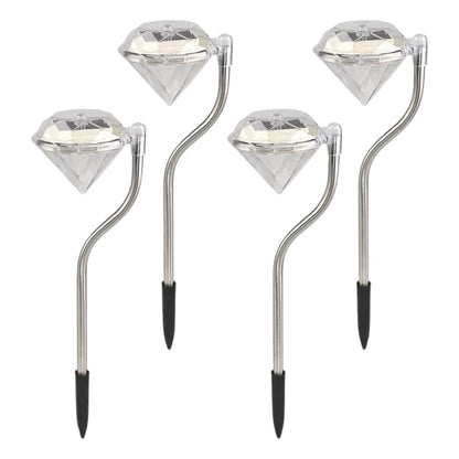 Four diamond-shaped solar lights with silver curved stems and black ground stakes are arranged on a white background.