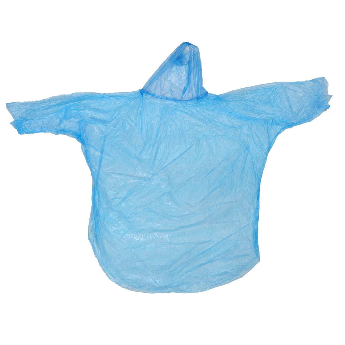 A translucent blue disposable rain poncho with a hood is spread out flat against a plain white background.
