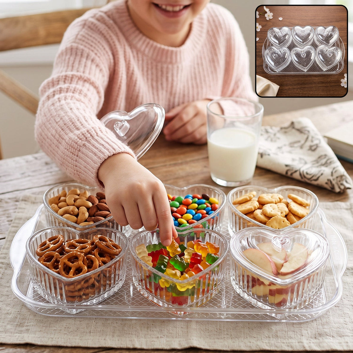 A child's hand reaches for gummy candies in a clear heart-shaped bowl, part of a six-bowl set on a tray with various snacks.