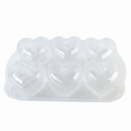A clear plastic tray holds six heart-shaped bowls with lids, displaying dimensions of 33 cm length and 20 cm width.
