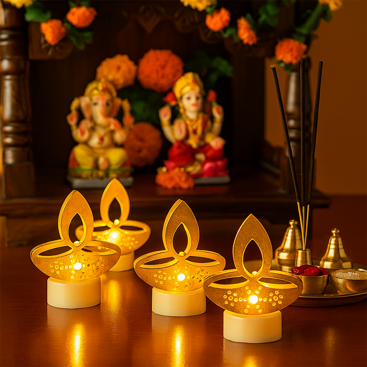 Four golden LED diya tealight candles on a wooden surface with Hindu deities and incense sticks in the background.