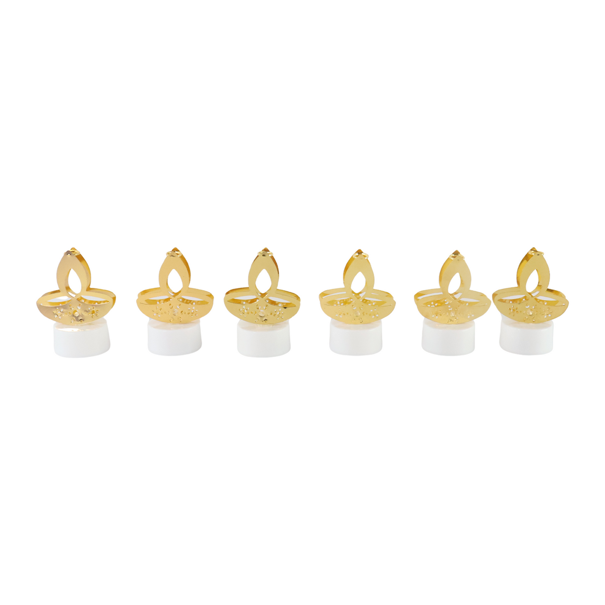 Six golden LED diya tealight candles in a row on a white background, showing their design and white bases.