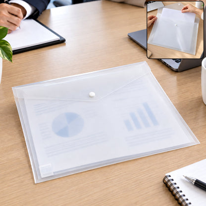 Transparent document folder envelope bag button