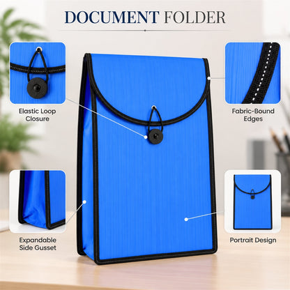 A blue plastic document folder with callouts highlighting its elastic loop closure, fabric-bound edges, and expandable side