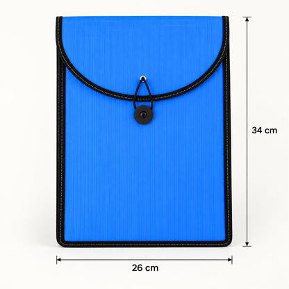 A blue plastic document folder with black trim and elastic closure, showing dimensions of 34 cm height and 26 cm width.