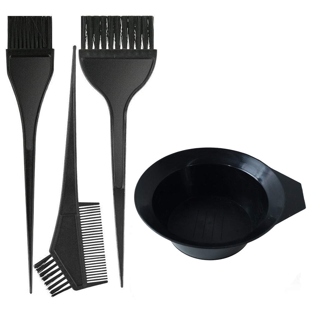 A black hair dye kit with a mixing bowl and three different applicator brushes on a white background.