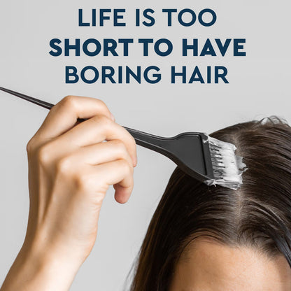 A hand applying hair dye to dark hair with a black brush, with the text "LIFE IS TOO SHORT TO HAVE BORING HAIR" above.