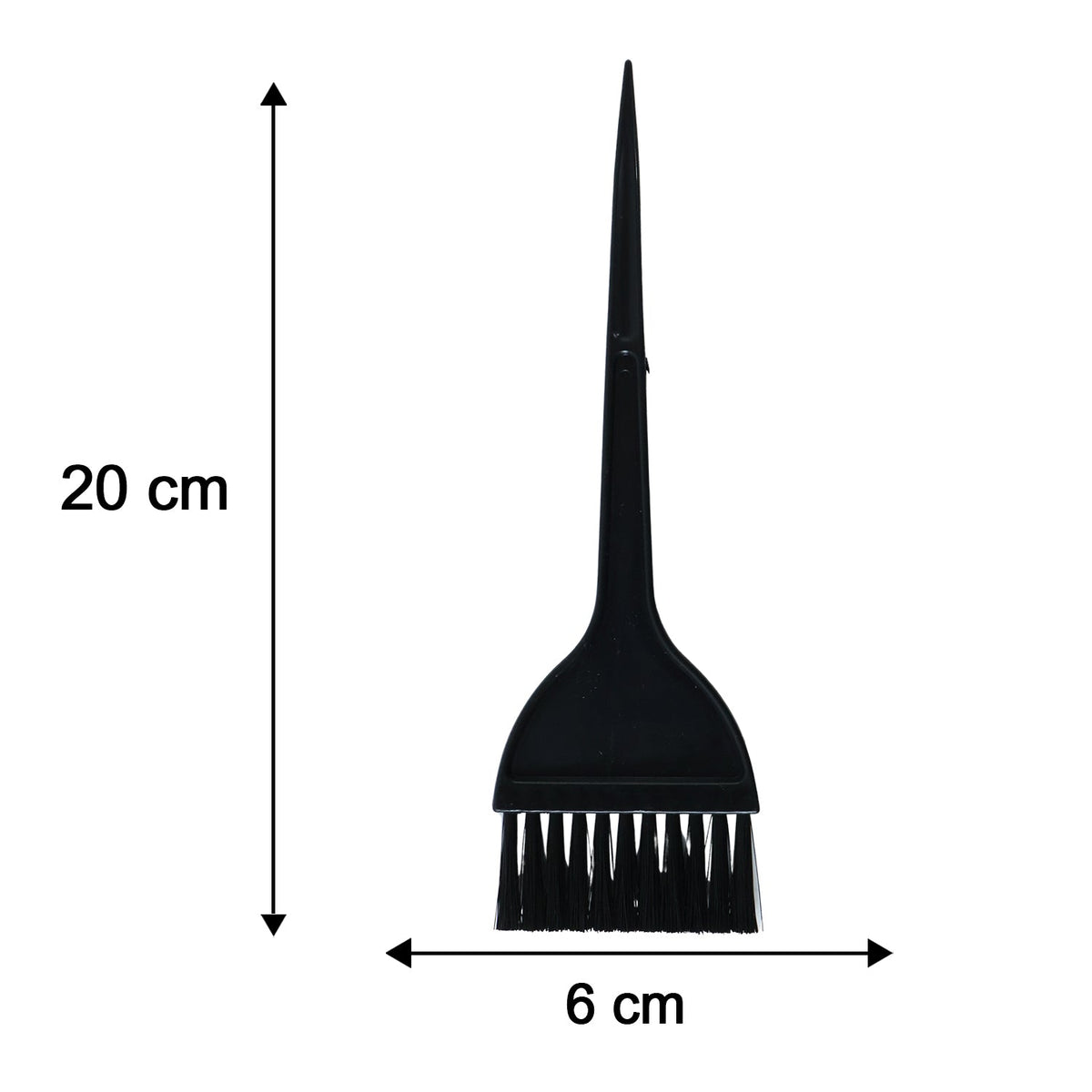 A single black hair dye brush with a pointed handle, showing dimensions of 20 cm length and 6 cm width.