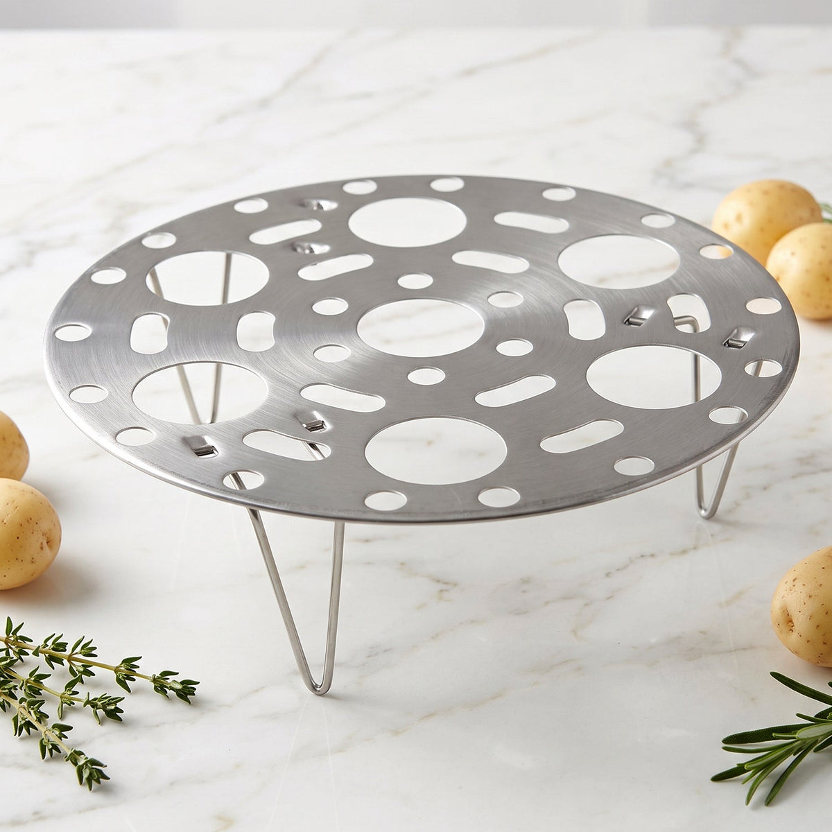 A round, perforated stainless steel steamer rack with three legs is positioned on a marble surface with potatoes and herbs