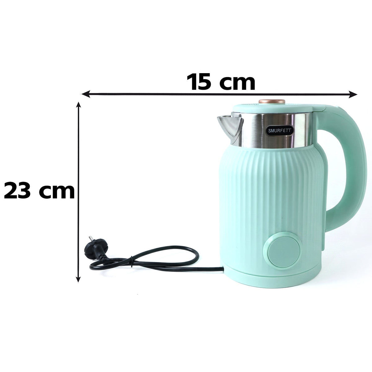 A mint green electric kettle with a black power cord sits on a speckled countertop with books and a plant in the background.