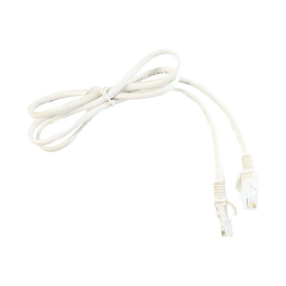 A coiled white ethernet cable with two clear plastic connectors is displayed on a plain white background.